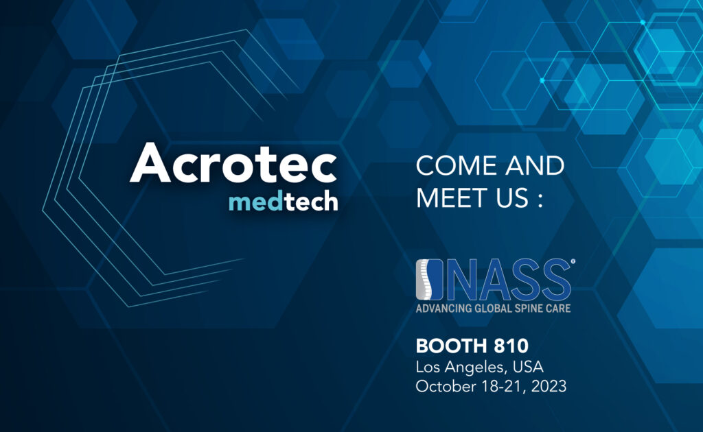 Announcement banner of Acrotec Medtech's participation at the NASS 2023 conference in Los Angeles